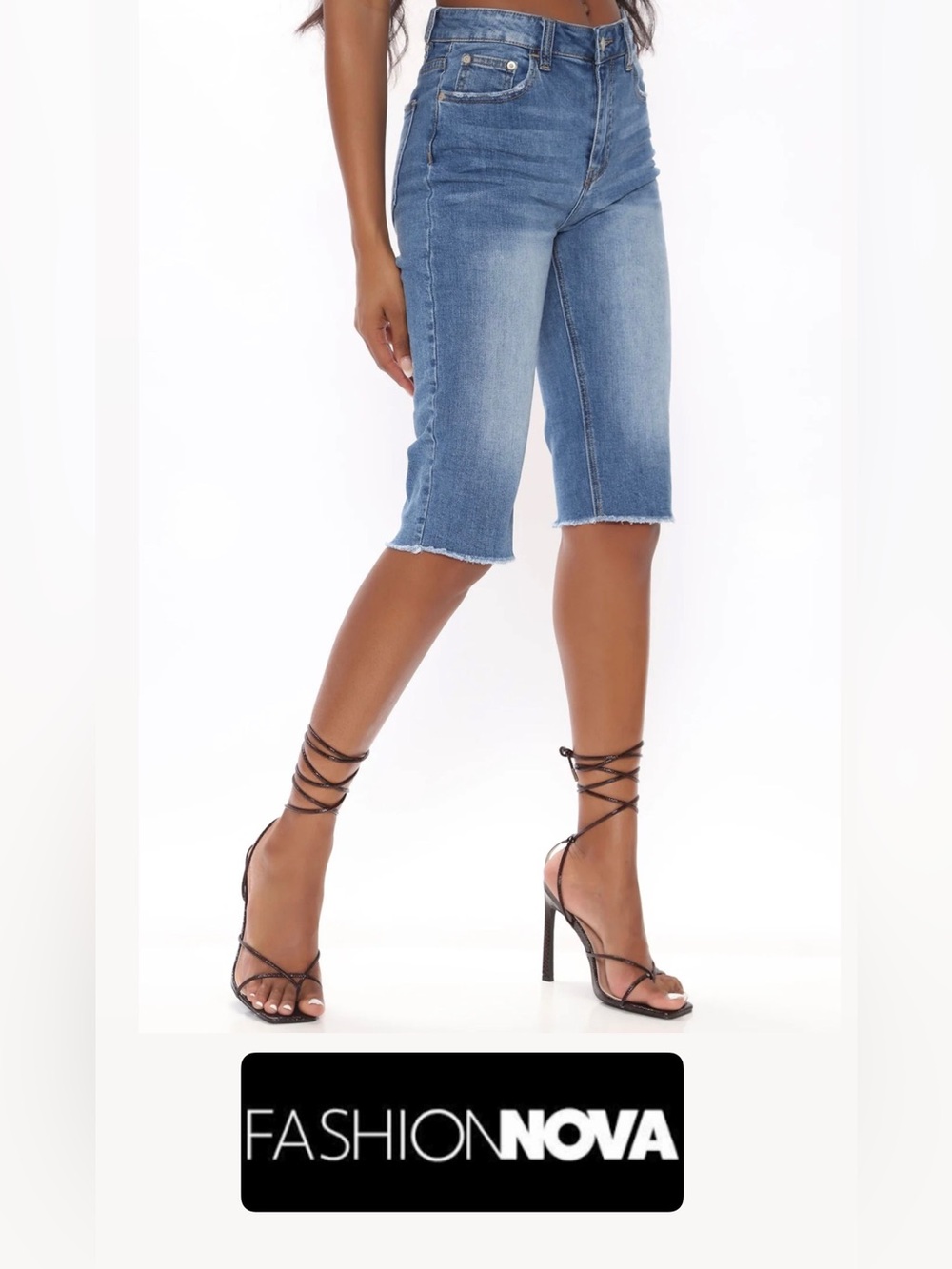 FashionNova NWT Tall Can't Be Stopped Denim Biker Shorts, Medium Blue Wash